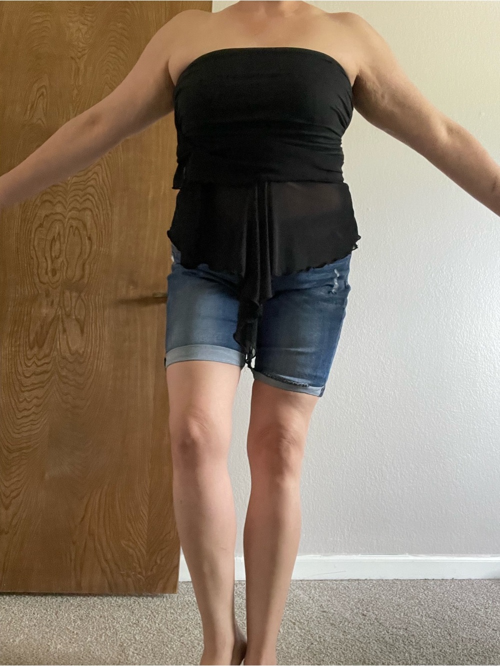 Black Strapless Sheer Peplum Top